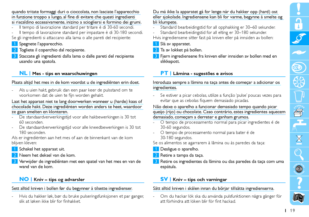 Philips HR7625 manual NL Mes tips en waarschuwingen, No Kniv tips og advarsler, PT Lâmina sugestões e avisos 