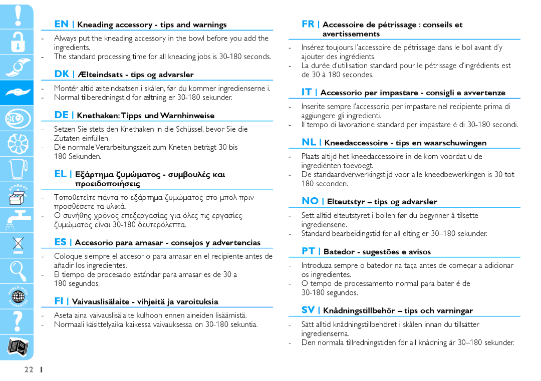 Philips HR7625 EN Kneading accessory tips and warnings, DK Ælteindsats tips og advarsler, No Elteutstyr tips og advarsler 