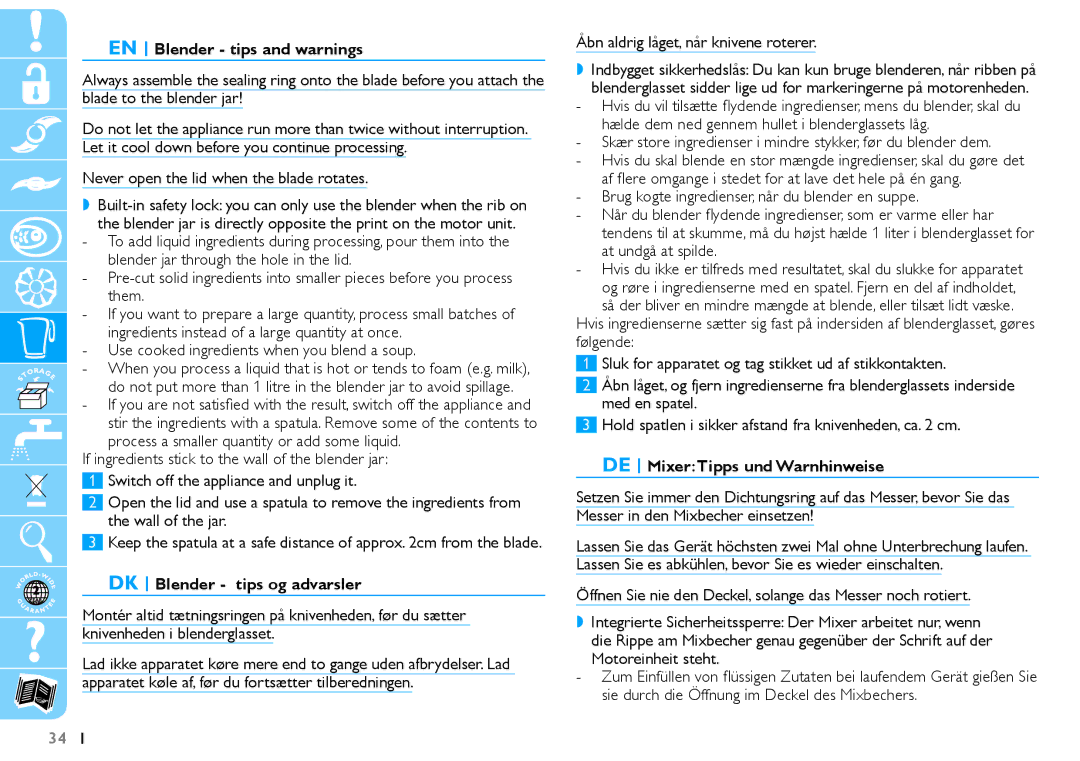 Philips HR7625 EN Blender tips and warnings, Use cooked ingredients when you blend a soup, DK Blender tips og advarsler 