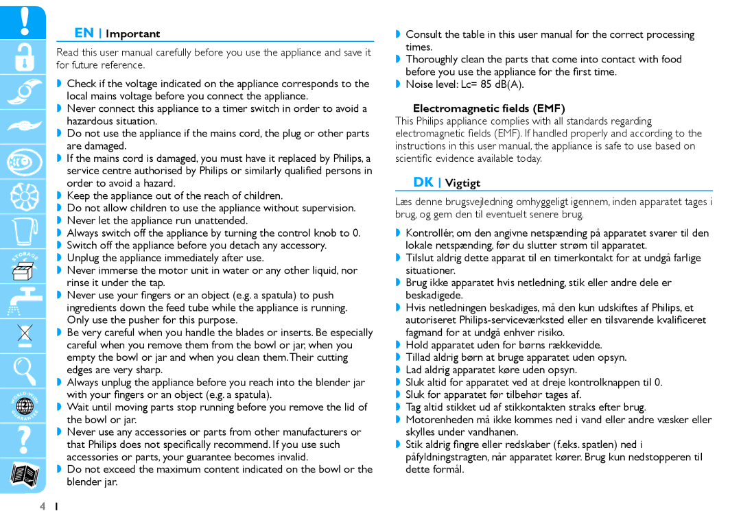 Philips HR7625 manual EN Important, Electromagnetic fields EMF, DK Vigtigt 