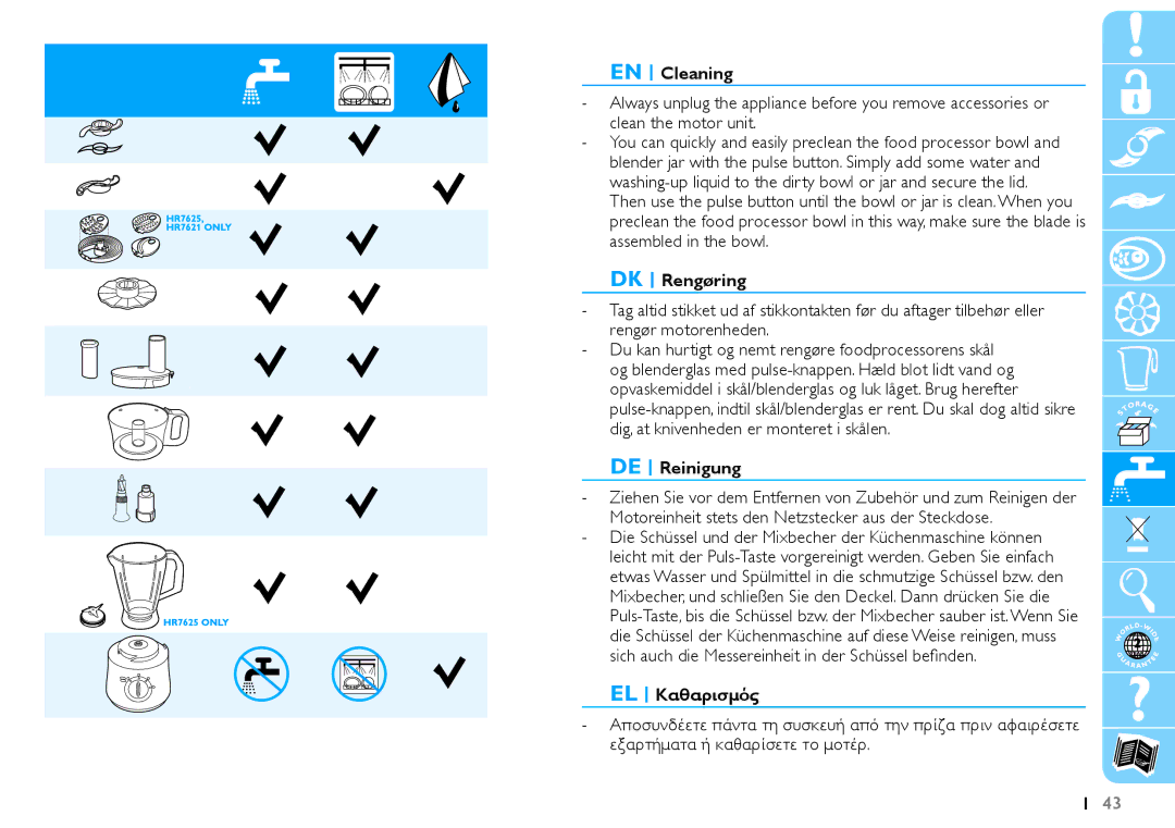 Philips HR7625 manual EN Cleaning, DK Rengøring, DE Reinigung, EL Καθαρισμός 