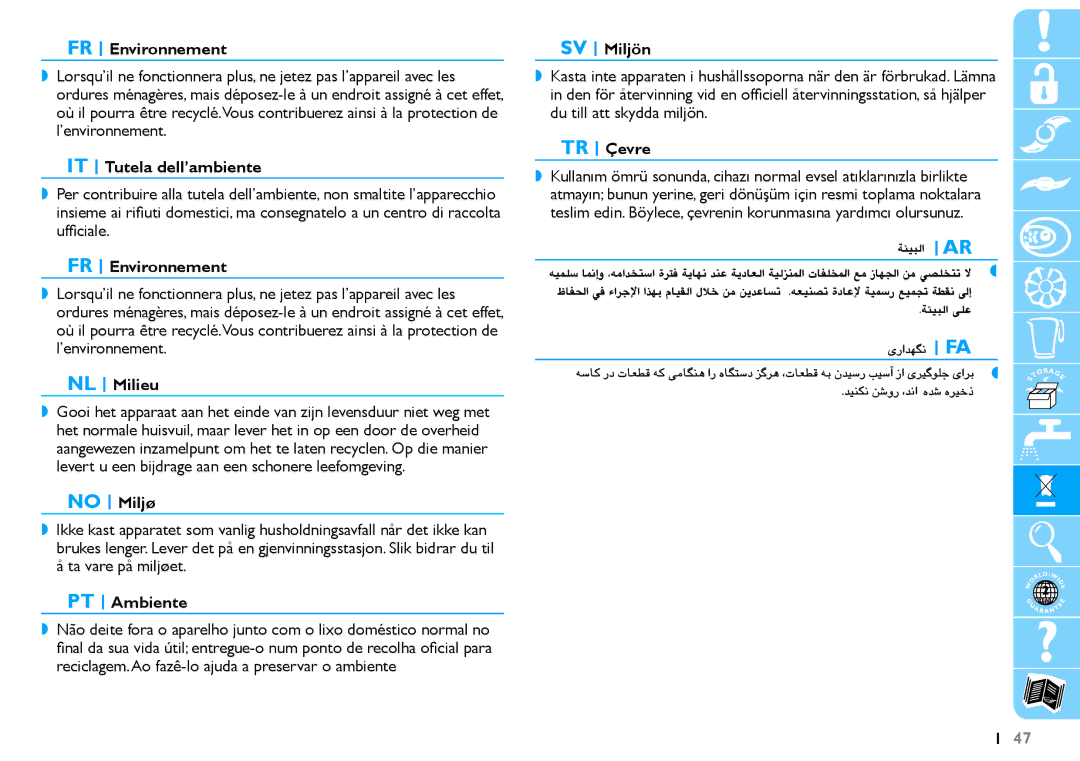 Philips HR7625 manual FR Environnement, IT Tutela dell’ambiente, NL Milieu, No Miljø, PT Ambiente, SV Miljön, TR Çevre 