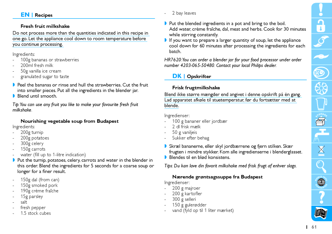 Philips HR7625 manual EN Recipes Fresh fruit milkshake, Nourishing vegetable soup from Budapest 