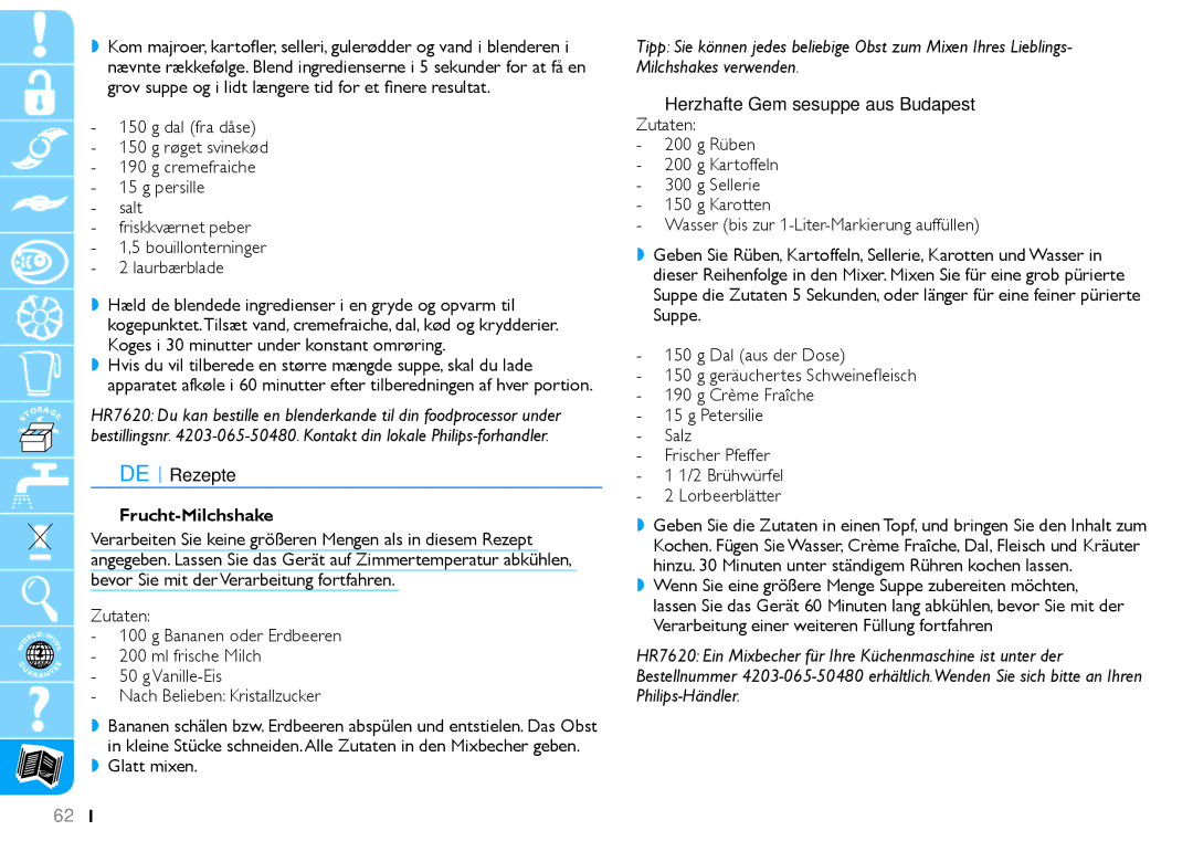 Philips HR7625 manual DE Rezepte Frucht-Milchshake, Glatt mixen, Herzhafte Gemüsesuppe aus Budapest 