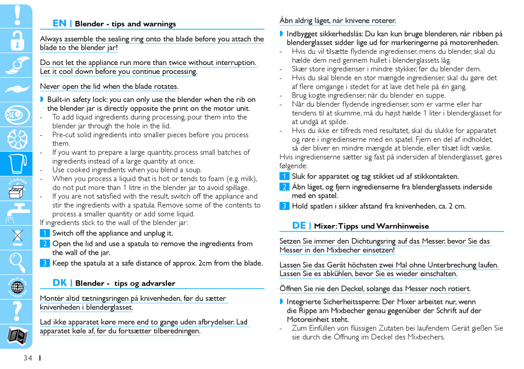 Philips HR7625 manual EN Blender - tips and warnings, DK Blender - tips og advarsler, DE MixerTipps und Warnhinweise 
