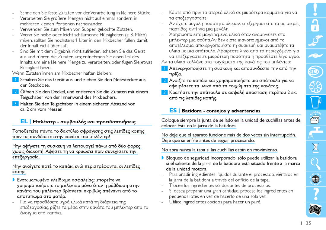 Philips HR7625 manual EL Μπλέντερ - συμβουλές και προειδοποιήσεις, ES Batidora - consejos y advertencias 
