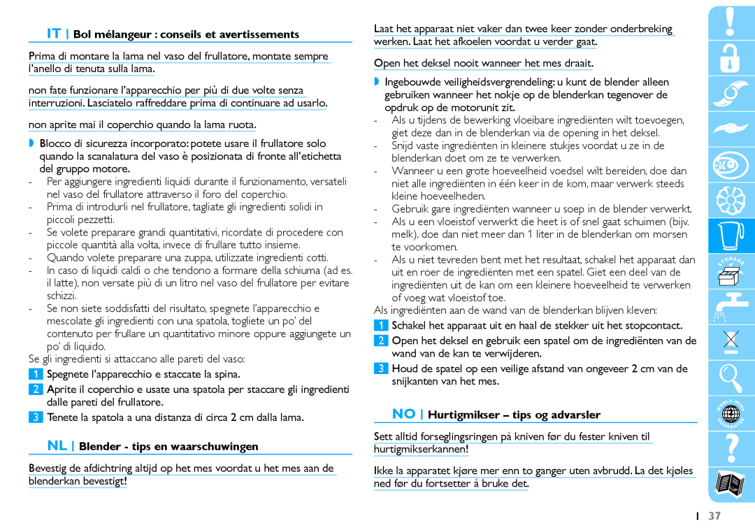 Philips HR7625 manual IT Bol mélangeur conseils et avertissements, NL Blender - tips en waarschuwingen 