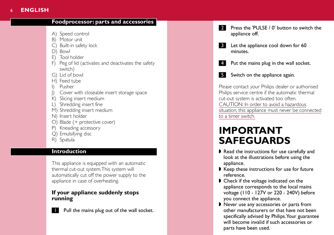 Philips HR7633 manual Foodprocessor parts and accessories, Introduction, If your appliance suddenly stops running 