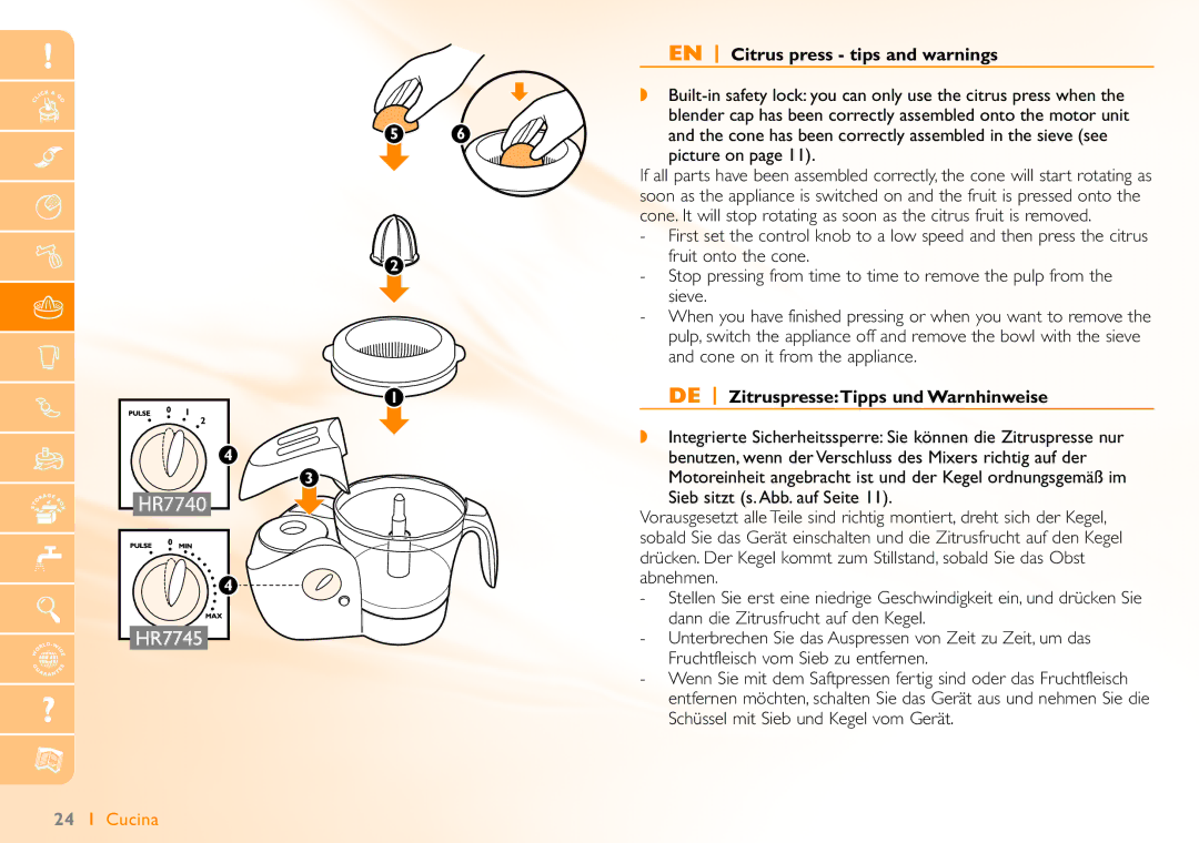 Philips HR7740 manual EN Citrus press tips and warnings, DE ZitruspresseTipps und Warnhinweise 