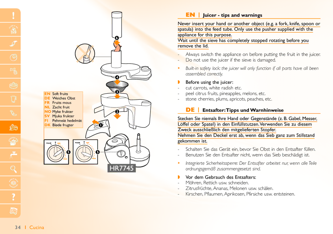 Philips HR7740 manual EN Juicer tips and warnings, Do not use the juicer if the sieve is damaged 