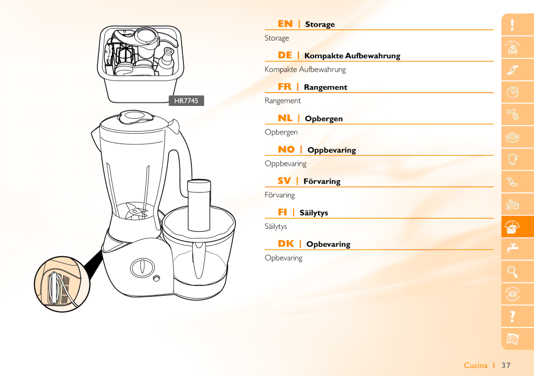Philips HR7740 EN Storage, DE Kompakte Aufbewahrung, FR Rangement, NL Opbergen, No Oppbevaring, SV Förvaring, FI Säilytys 