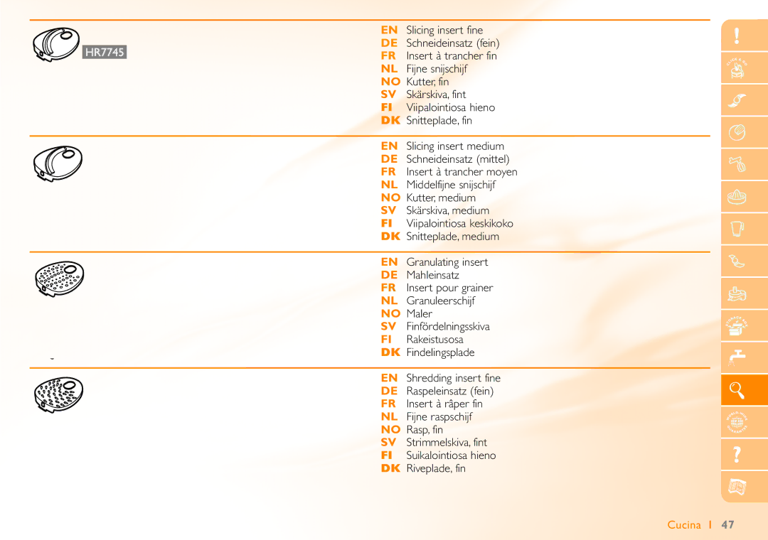 Philips HR7740 manual FI Viipalointiosa keskikoko DK Snitteplade, medium 