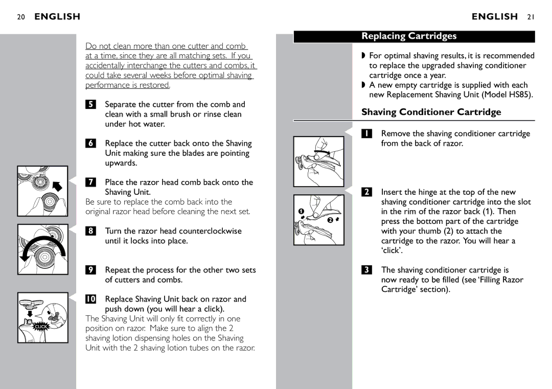 Philips HS8420/40 manual Replacing Cartridges, Shaving Conditioner Cartridge 