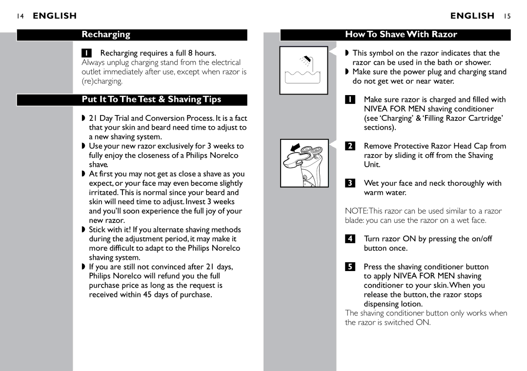 Philips HS8420/40 manual Recharging, Put It To The Test & Shaving Tips, How To Shave With Razor 