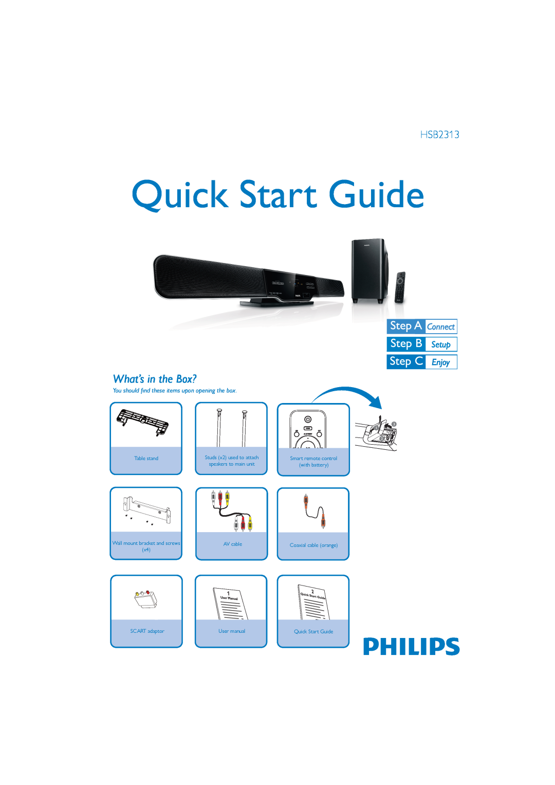 Philips HSB2313/12 quick start What’s in the Box?, Quick Start Guide, Table stand, with battery, AV cable, SCART adaptor 