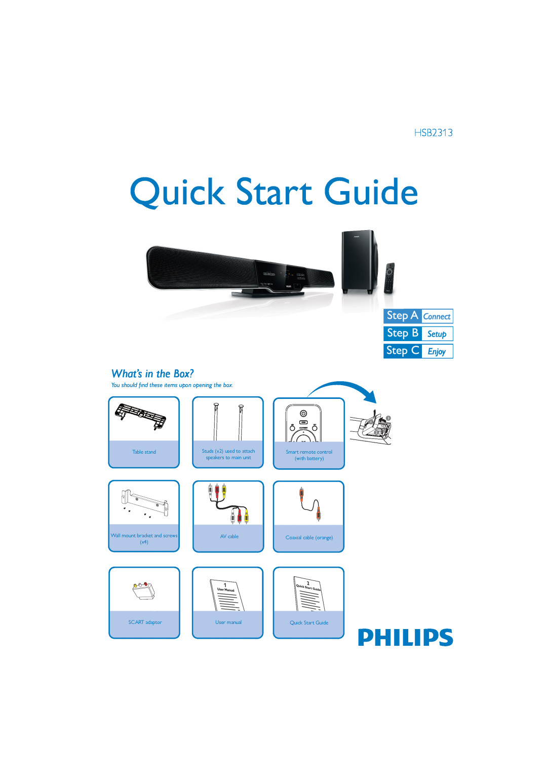 Philips HSB2313/93 quick start What’s in the Box?, Quick Start Guide, Table stand, with battery, AV cable, SCART adaptor 