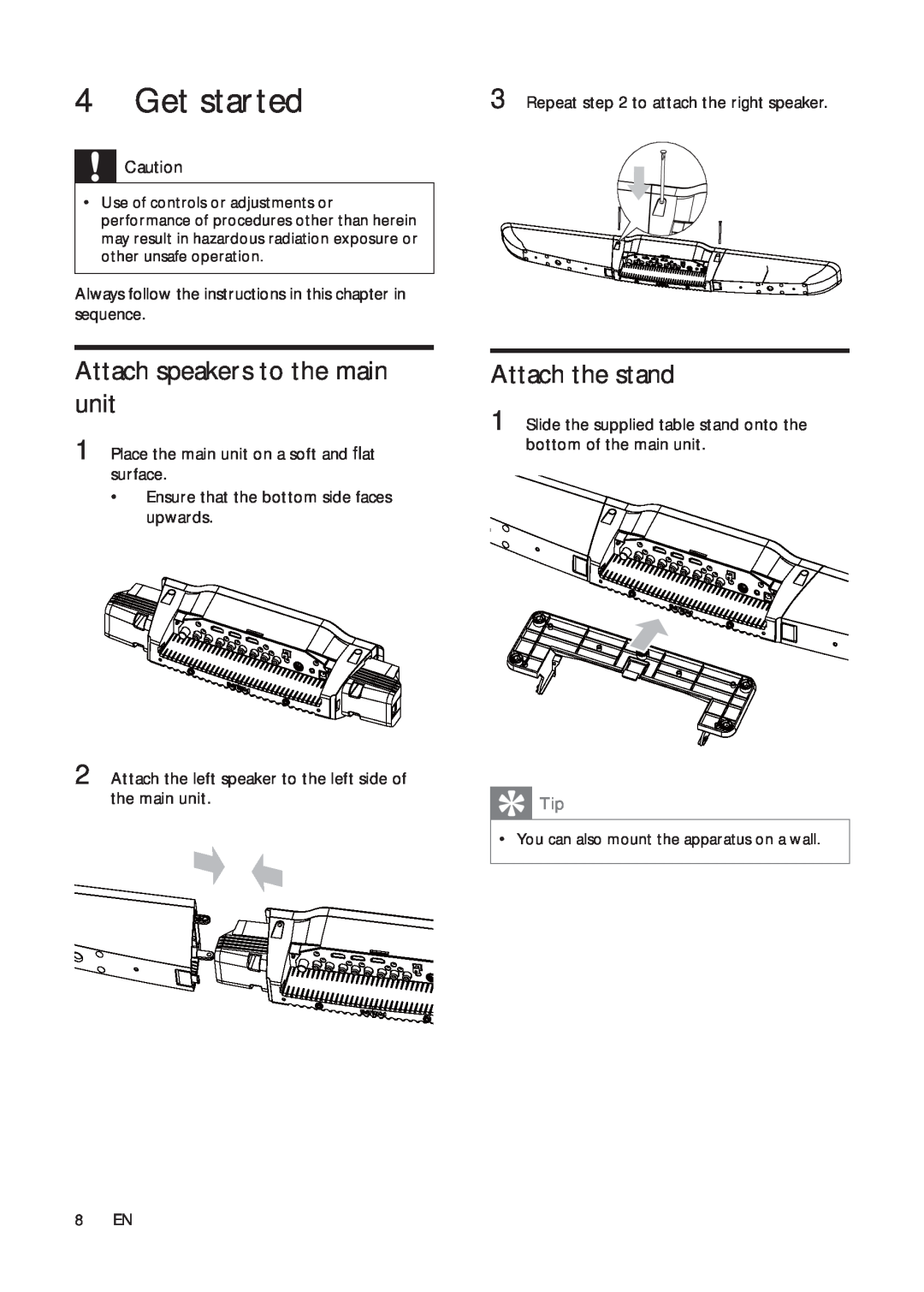 Philips HSB2313A user manual Get started, Attach speakers to the main unit, Attach the stand 
