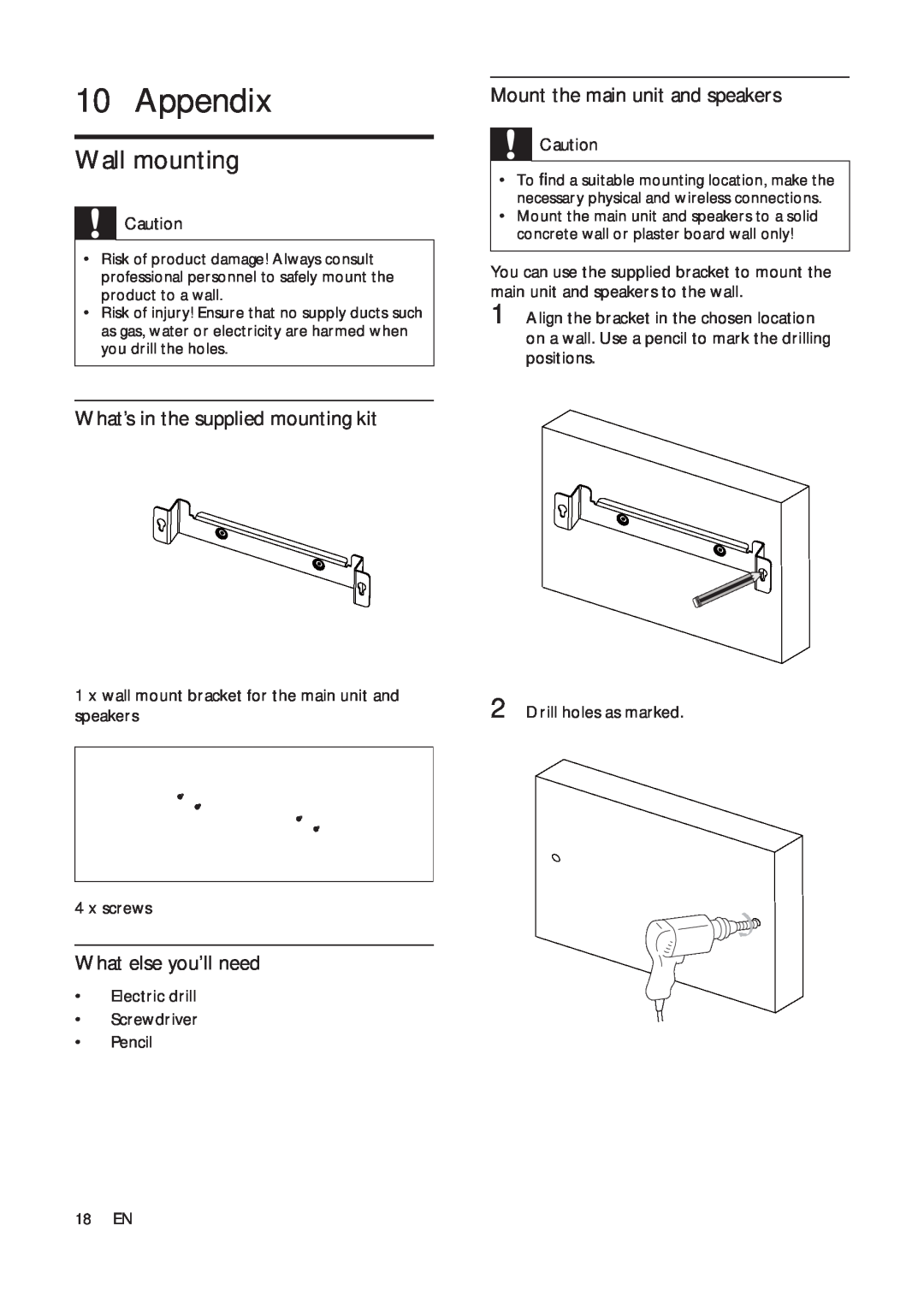 Philips HSB2313A user manual Appendix, Wall mounting, Mount the main unit and speakers, What’s in the supplied mounting kit 
