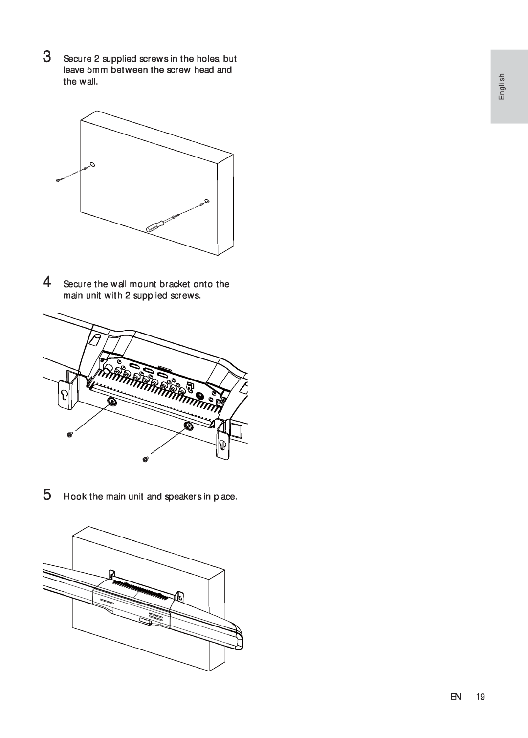 Philips HSB2313A user manual Hook the main unit and speakers in place, E n g l i s h 