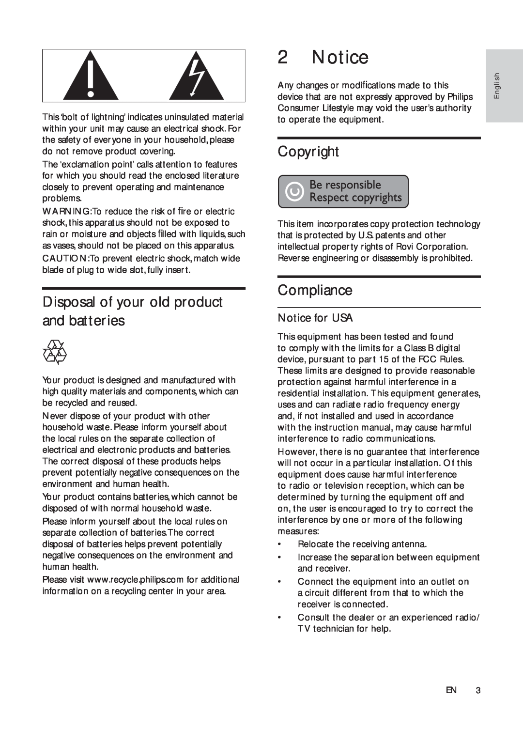 Philips HSB2313A user manual Disposal of your old product and batteries, Copyright, Compliance, Notice for USA 