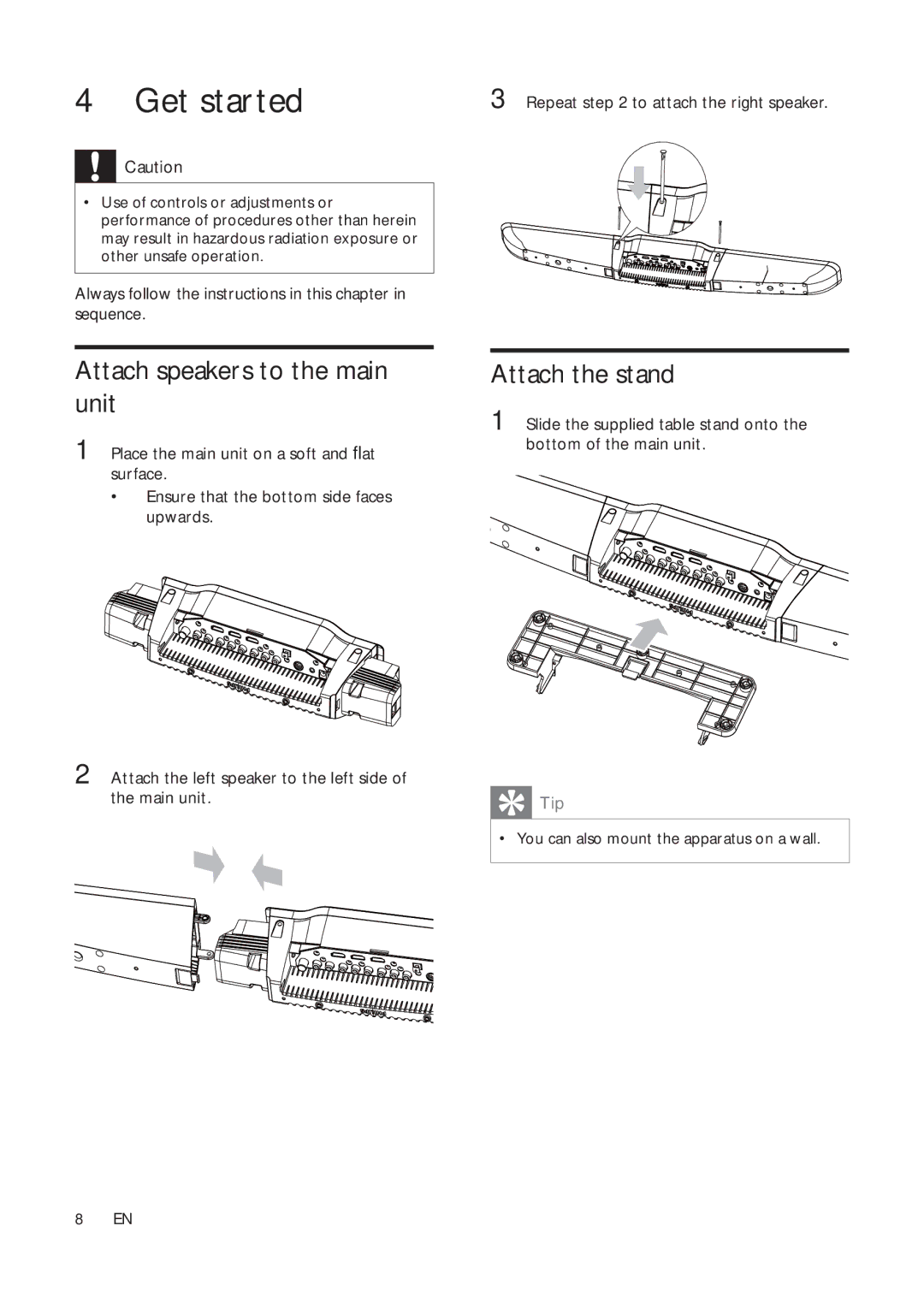 Philips HSB2313A/F7 user manual Get started, Attach speakers to the main unit, Attach the stand 