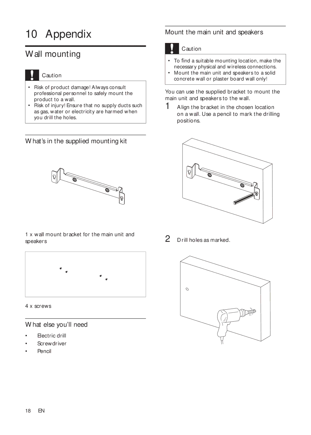 Philips HSB2313A/F7 Appendix, Wall mounting, Mount the main unit and speakers, What’s in the supplied mounting kit 