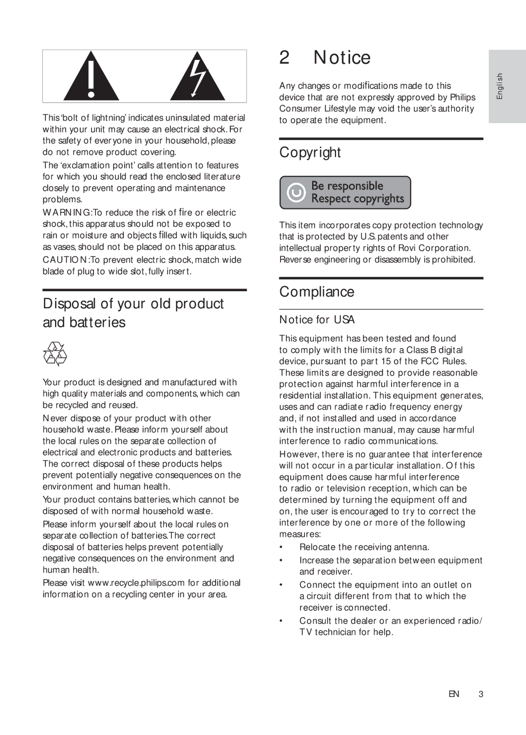 Philips HSB2313A/F7 user manual Disposal of your old product and batteries, Copyright, Compliance 