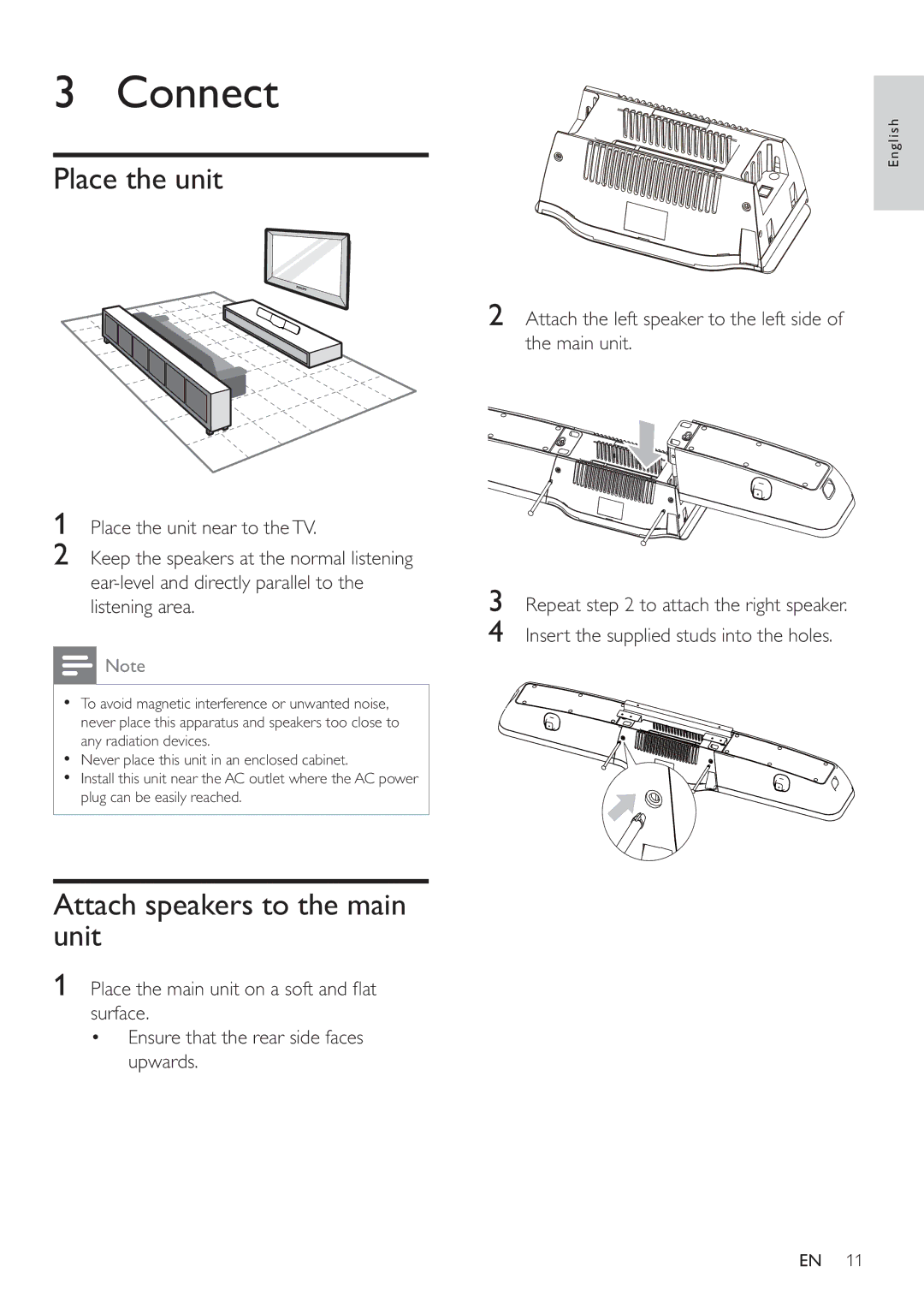 Philips HSB2351/51 user manual Connect, Place the unit, Attach speakers to the main unit 