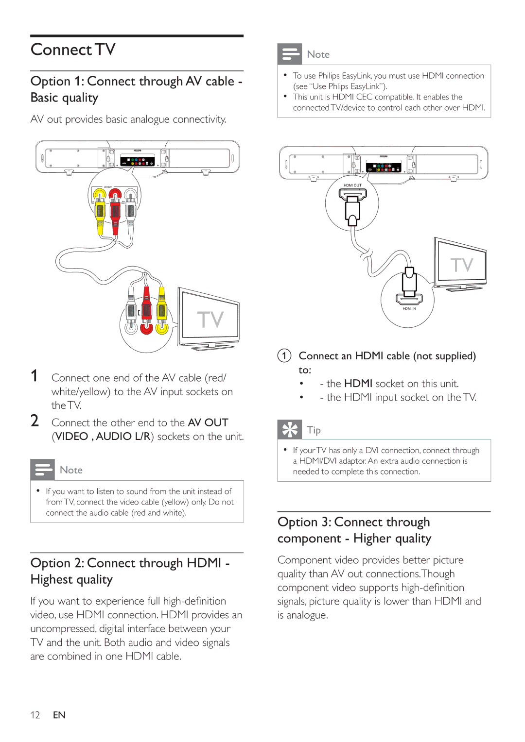 Philips HSB2351/51 user manual Connect TV, Option 1 Connect through AV cable Basic quality 