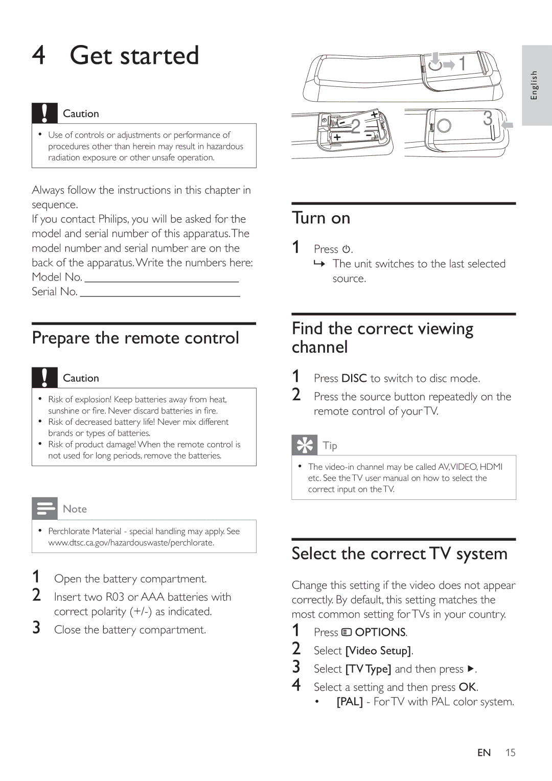 Philips HSB2351/51 user manual Get started, Turn on, Prepare the remote control, Find the correct viewing channel 