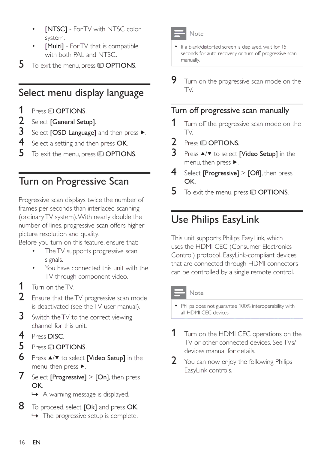 Philips HSB2351/51 user manual Select menu display language, Turn on Progressive Scan, Use Philips EasyLink 