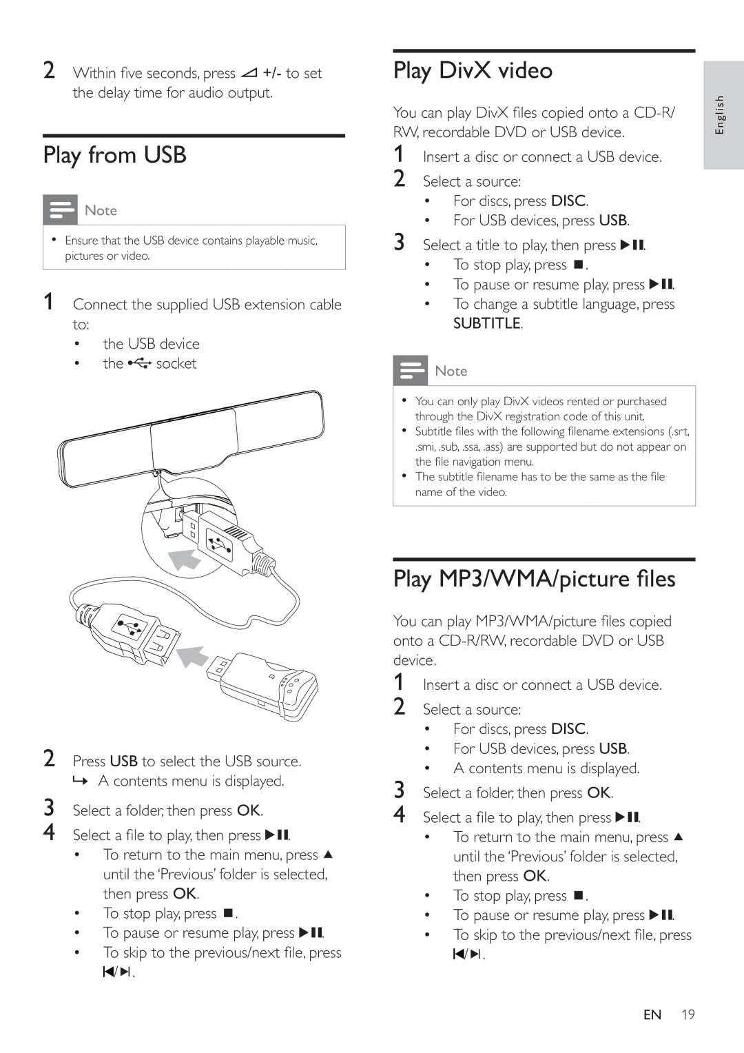 Philips HSB2351/51 Play from USB, Play DivX video, Play MP3/WMA/picture ﬁ les, You can play DivX ﬁ les copied onto a CD-R 