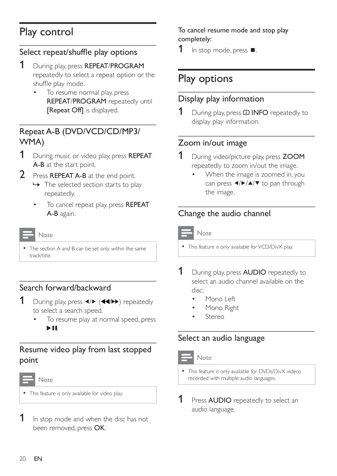 Philips HSB2351/51 user manual Play control, Play options 