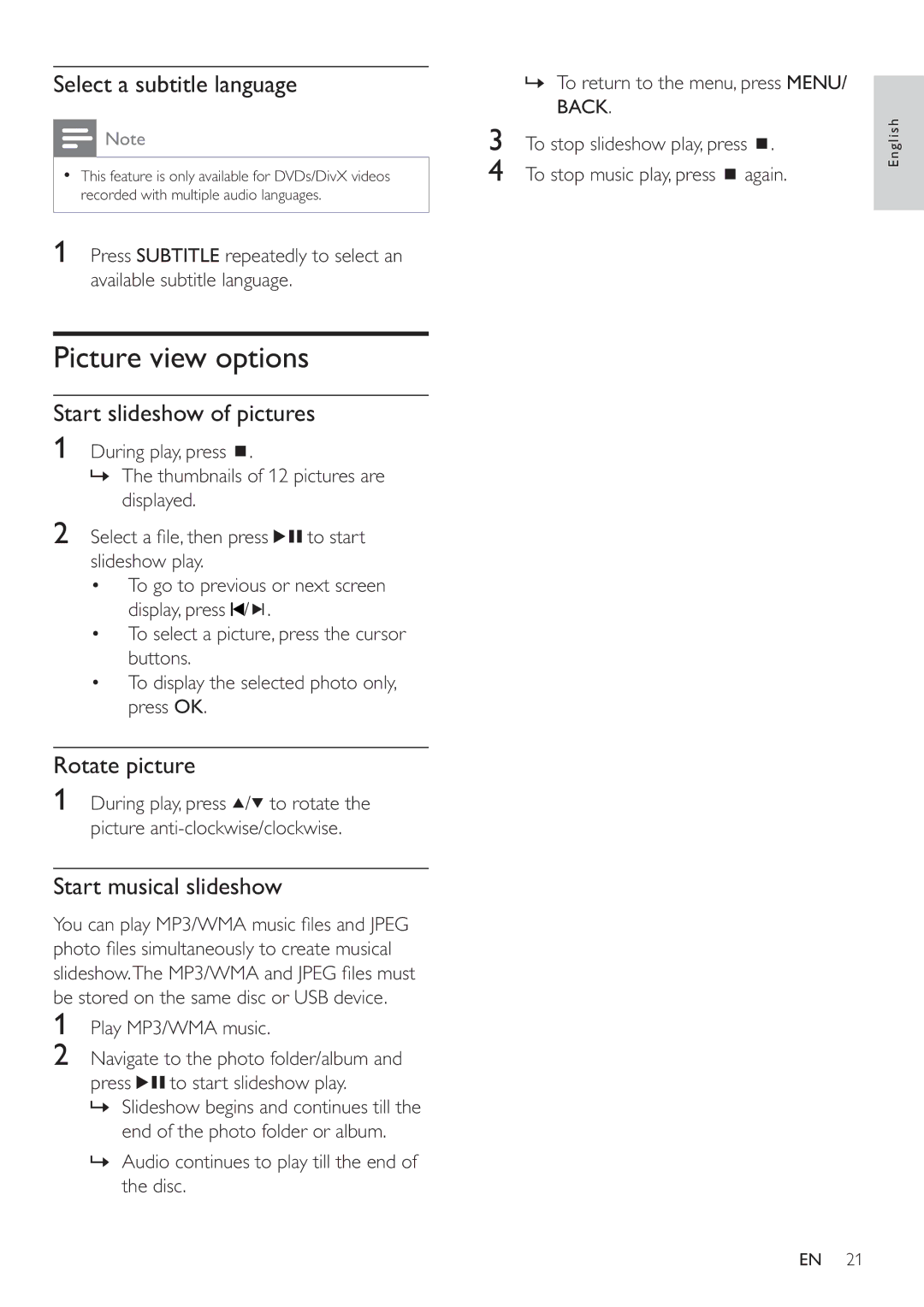 Philips HSB2351/51 user manual Picture view options, Start slideshow of pictures, Rotate picture, Start musical slideshow 