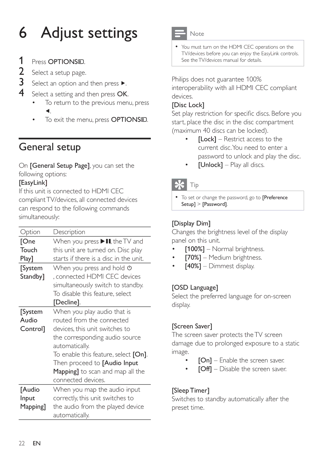 Philips HSB2351/51 user manual Adjust settings, General setup, To disable this feature, select, Then proceed to Audio Input 