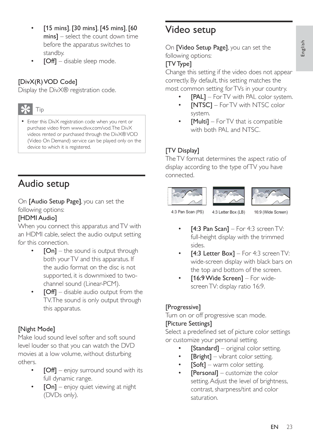 Philips HSB2351/51 user manual Audio setup, Video setup, On Video Setup Page, you can set, Following options TV Type 