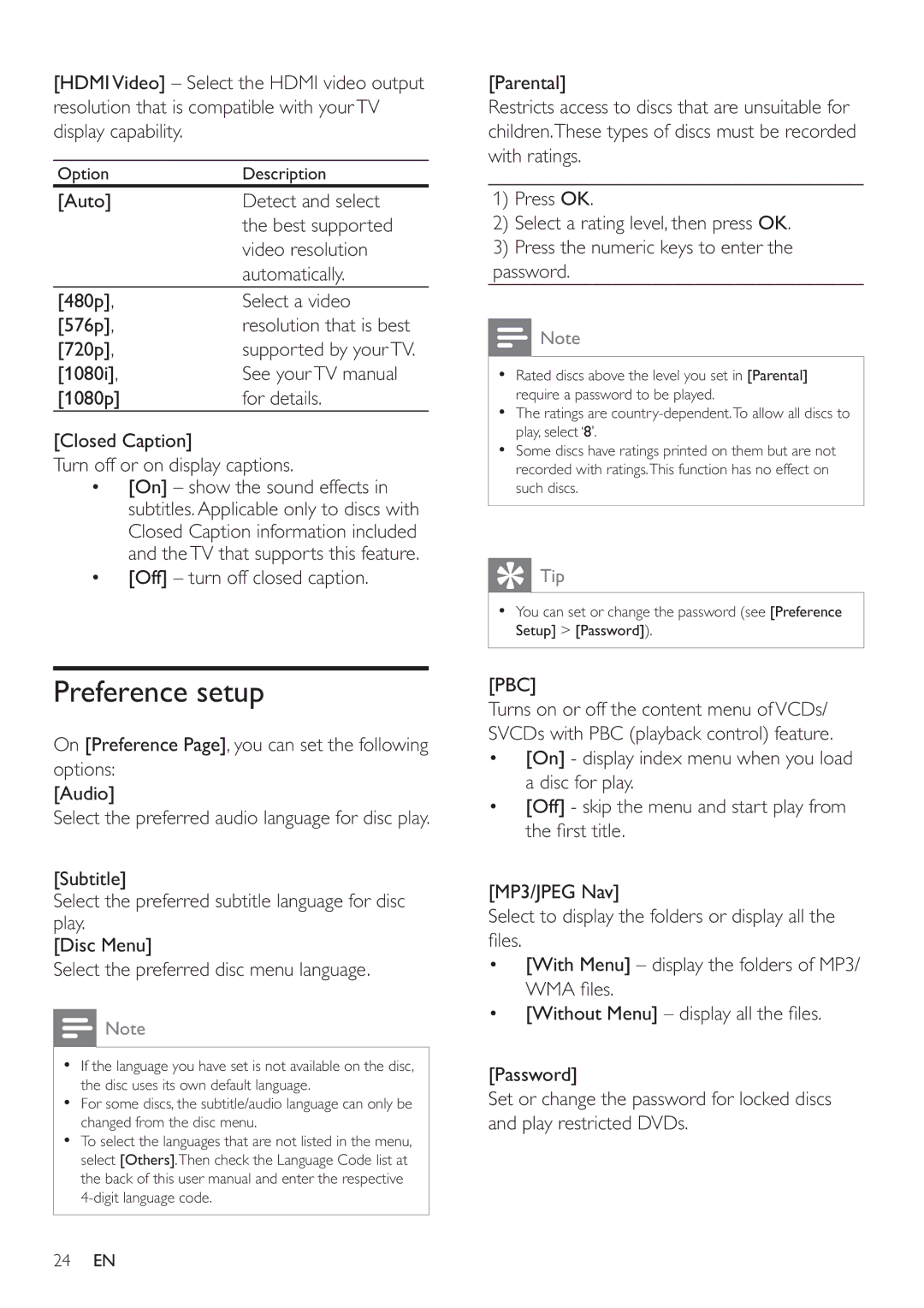 Philips HSB2351/51 user manual Preference setup, Pbc 