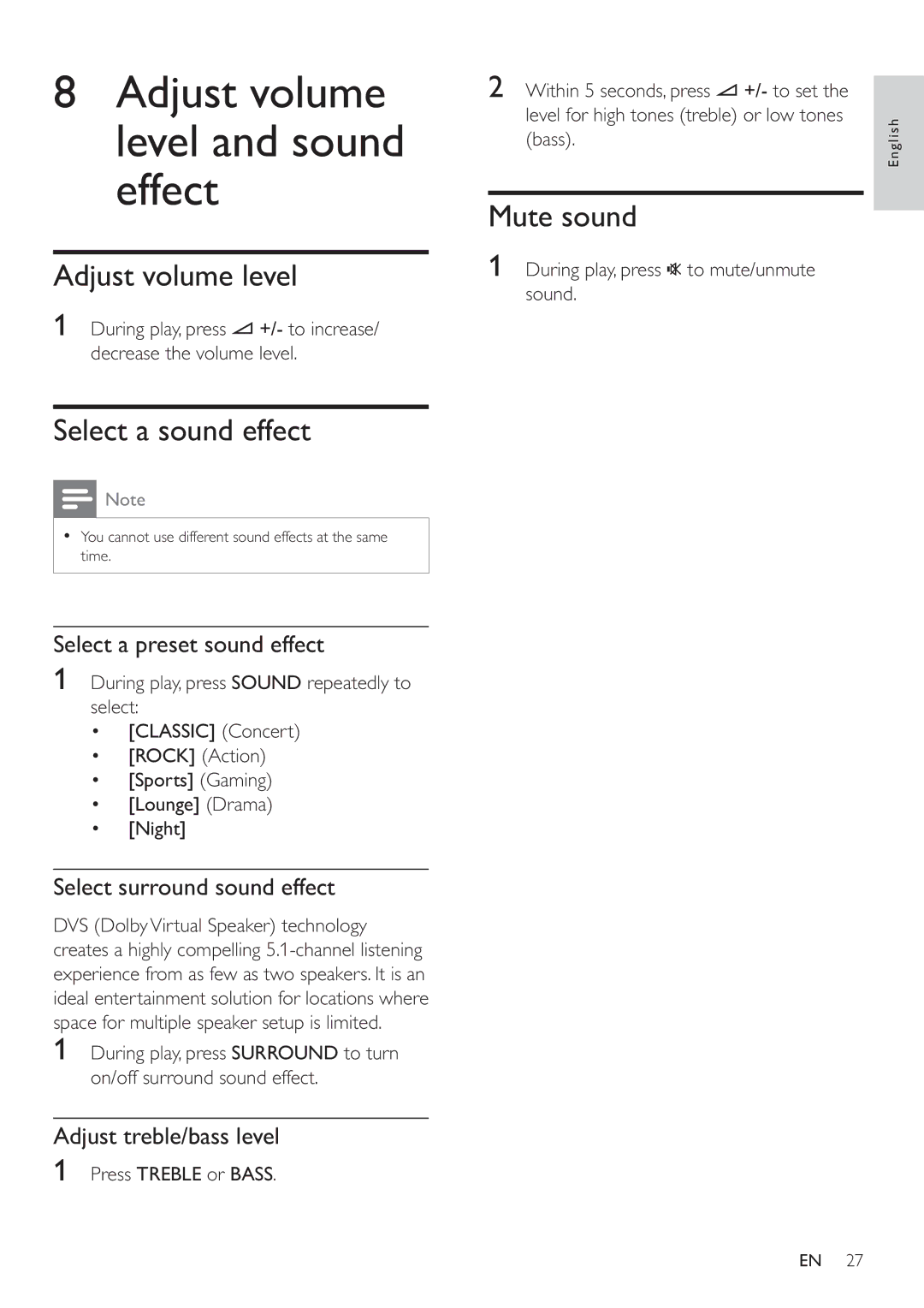 Philips HSB2351/51 user manual Adjust volume level and sound effect, Select a sound effect, Mute sound 