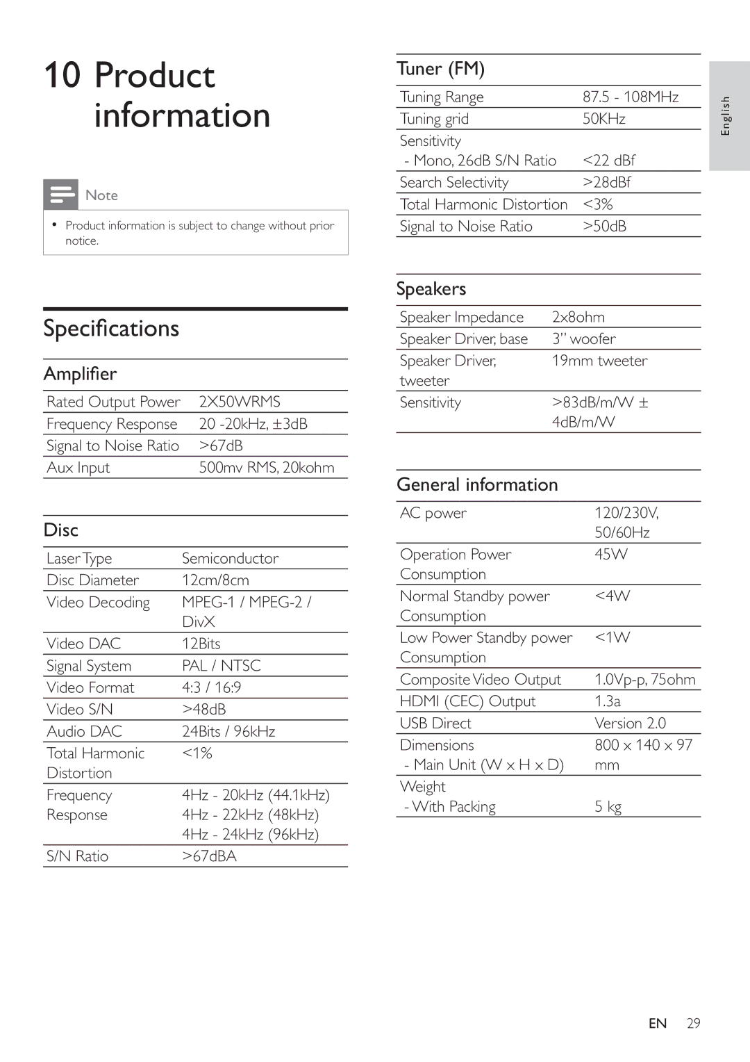 Philips HSB2351/51 user manual Speciﬁ cations 