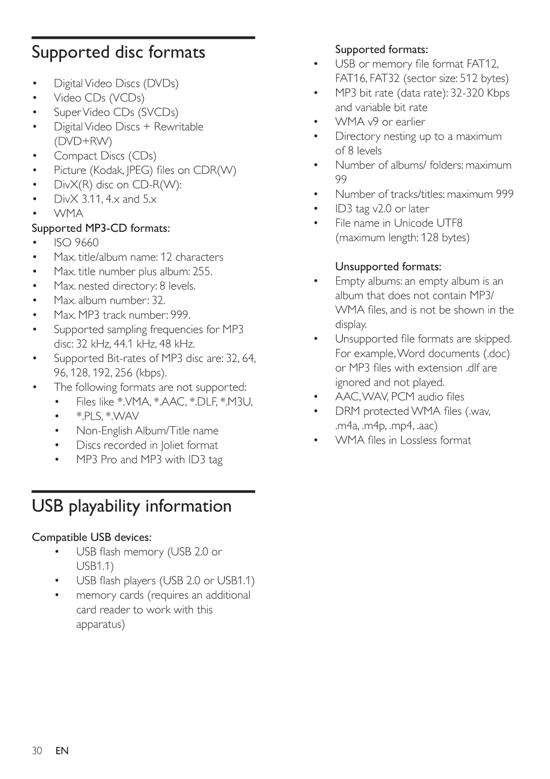 Philips HSB2351/51 user manual Supported disc formats, USB playability information, Wma 