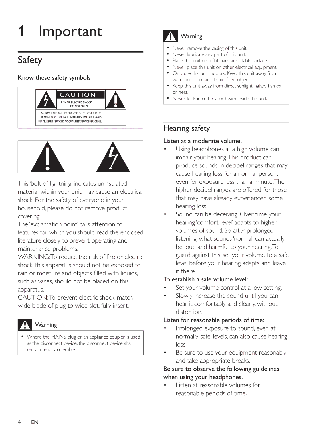 Philips HSB2351/51 user manual Safety, Hearing safety, Know these safety symbols 