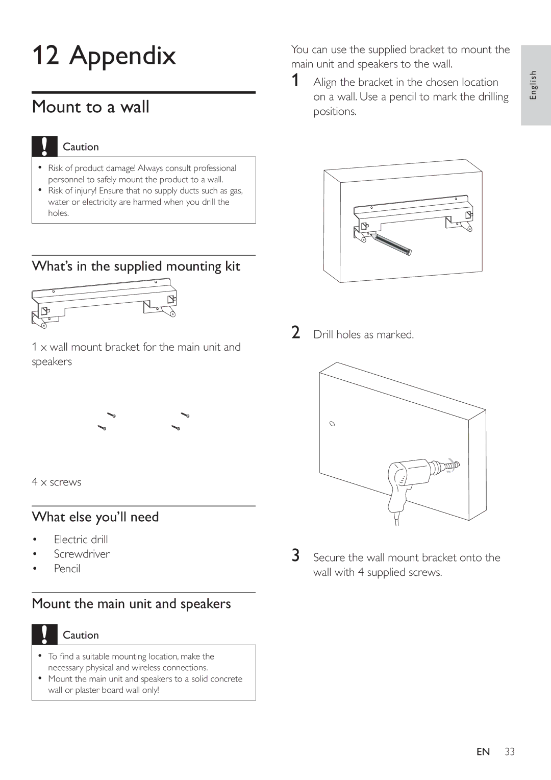 Philips HSB2351/51 user manual Appendix, Mount to a wall, What’s in the supplied mounting kit, What else you’ll need 