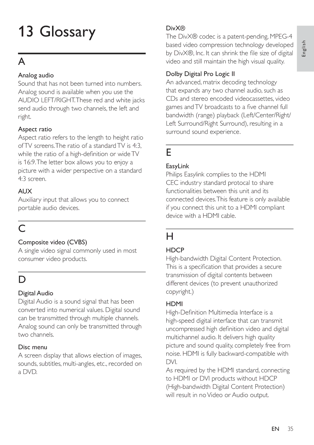 Philips HSB2351/51 user manual Glossary, Aux, Dolby Digital Pro Logic, Hdcp, Hdmi 