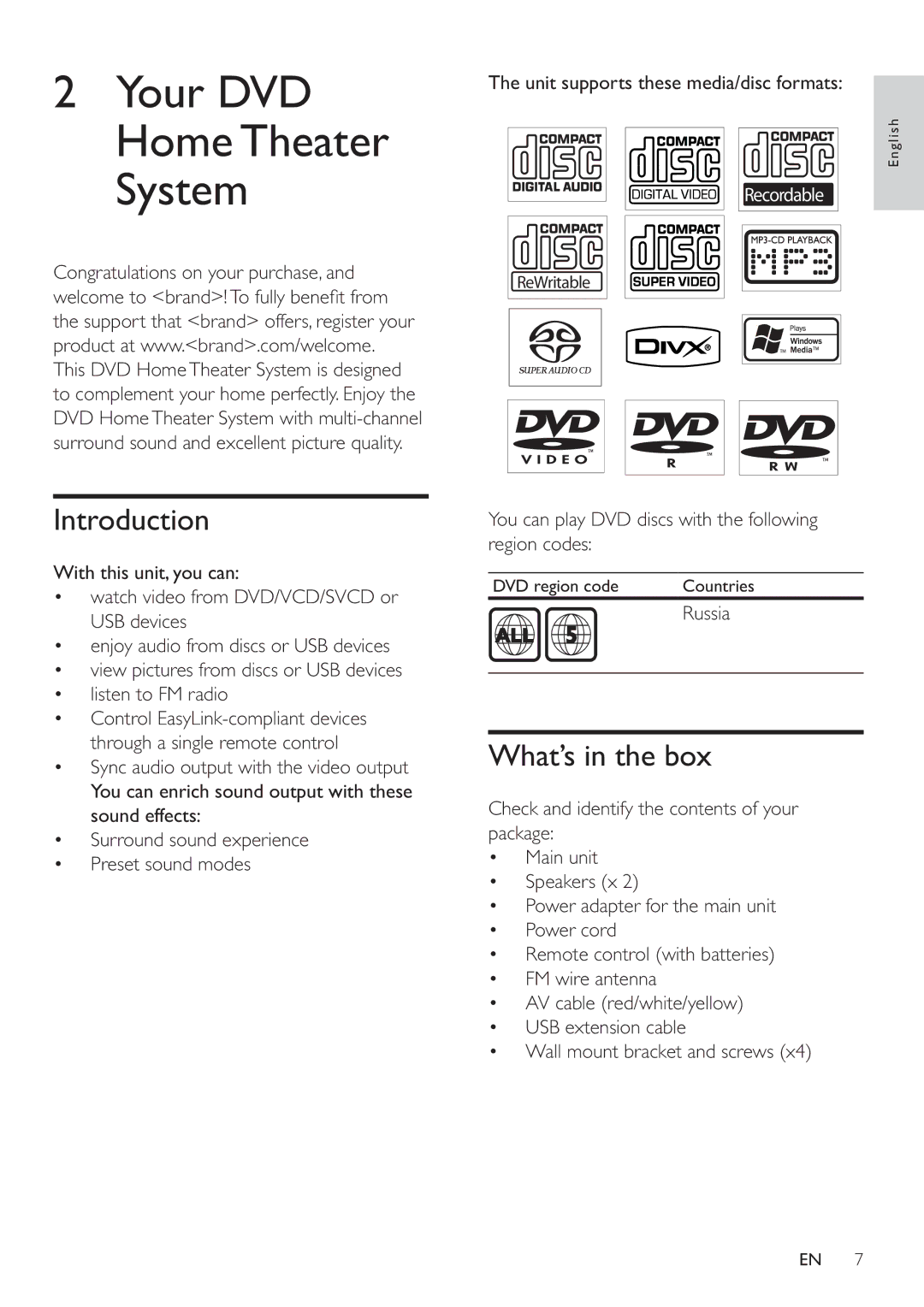 Philips HSB2351/51 Introduction, What’s in the box, You can play DVD discs with the following region codes, Russia 