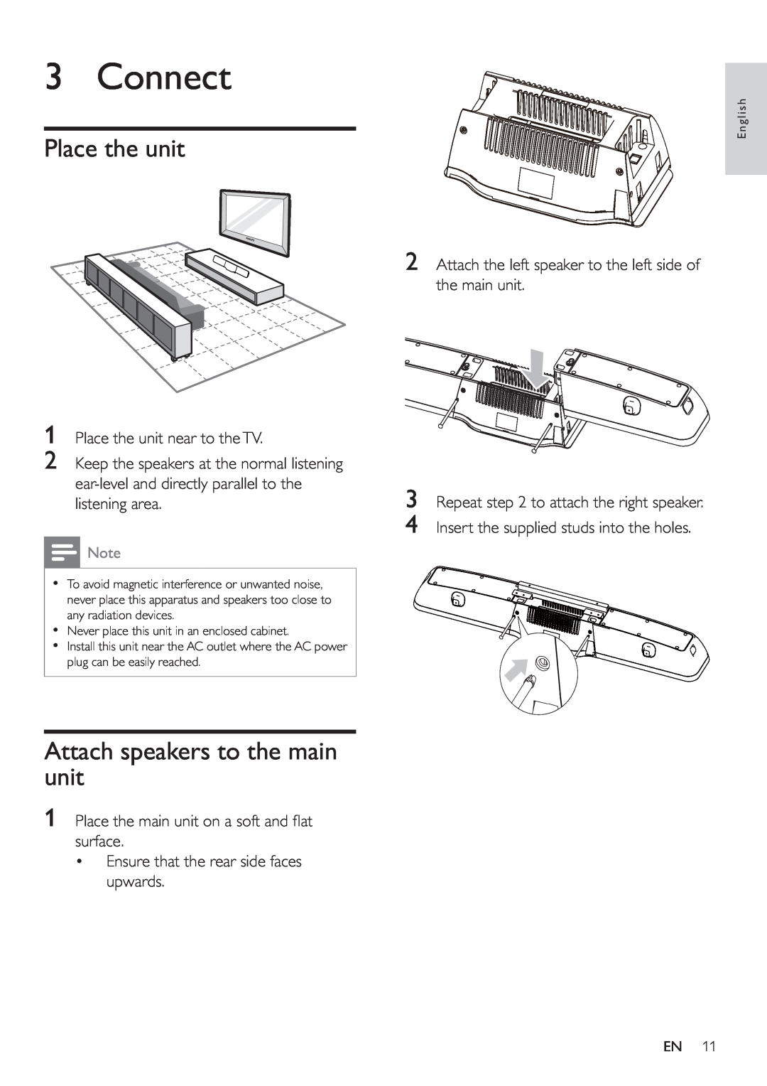 Philips HSB2351/51 user manual Connect, Place the unit, Attach speakers to the main unit 