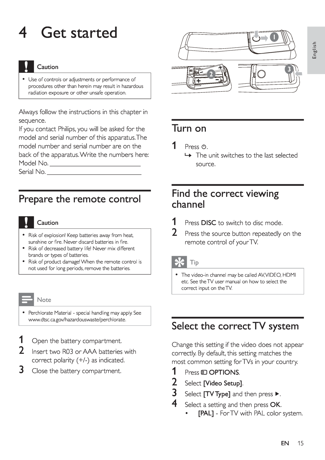 Philips HSB2351/51 user manual Get started, Turn on, Prepare the remote control, Find the correct viewing channel 