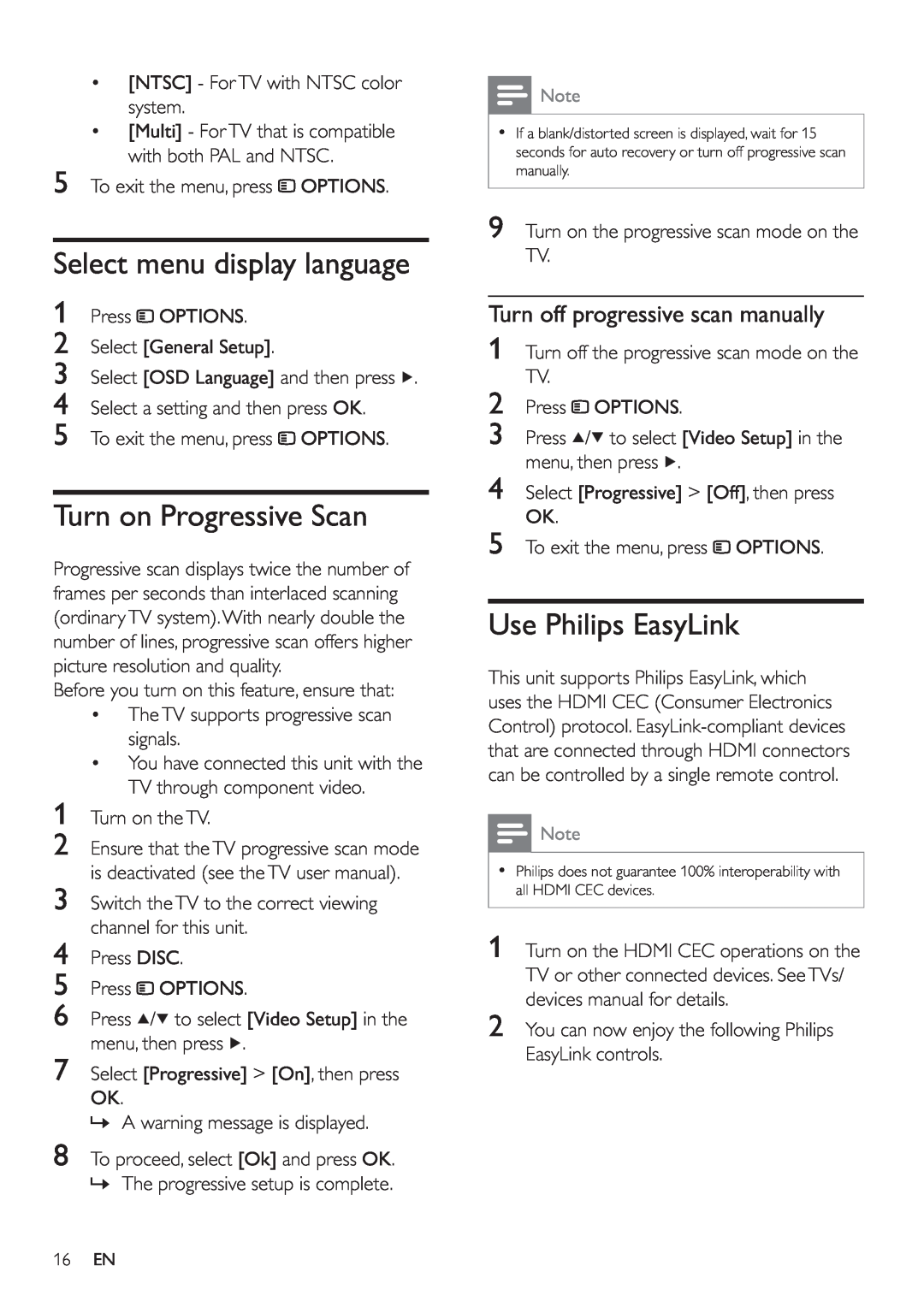 Philips HSB2351/51 user manual Select menu display language, Turn on Progressive Scan, Use Philips EasyLink 