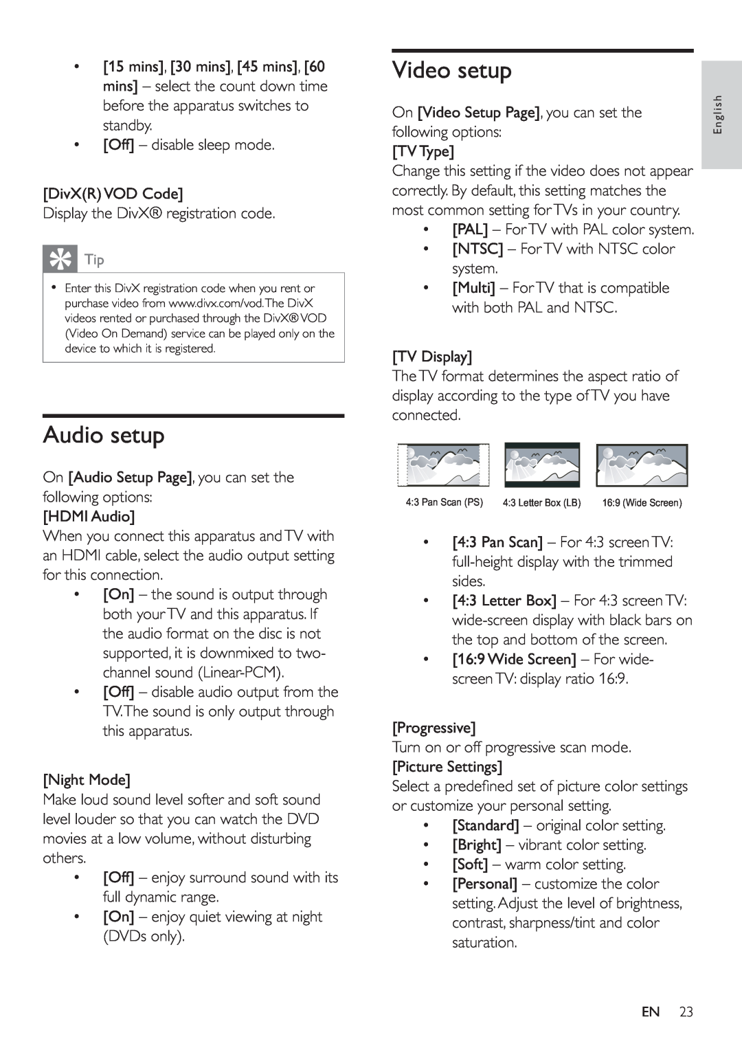 Philips HSB2351/51 user manual Audio setup, Video setup 