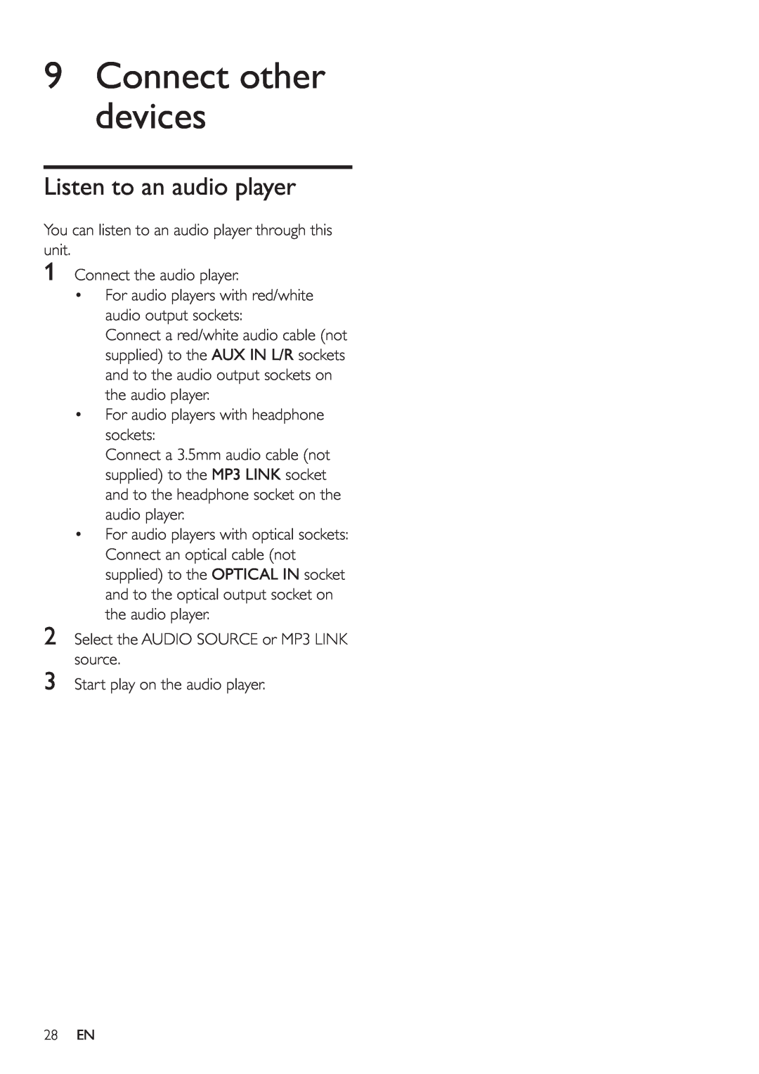 Philips HSB2351/51 user manual 9Connect other devices, Listen to an audio player 