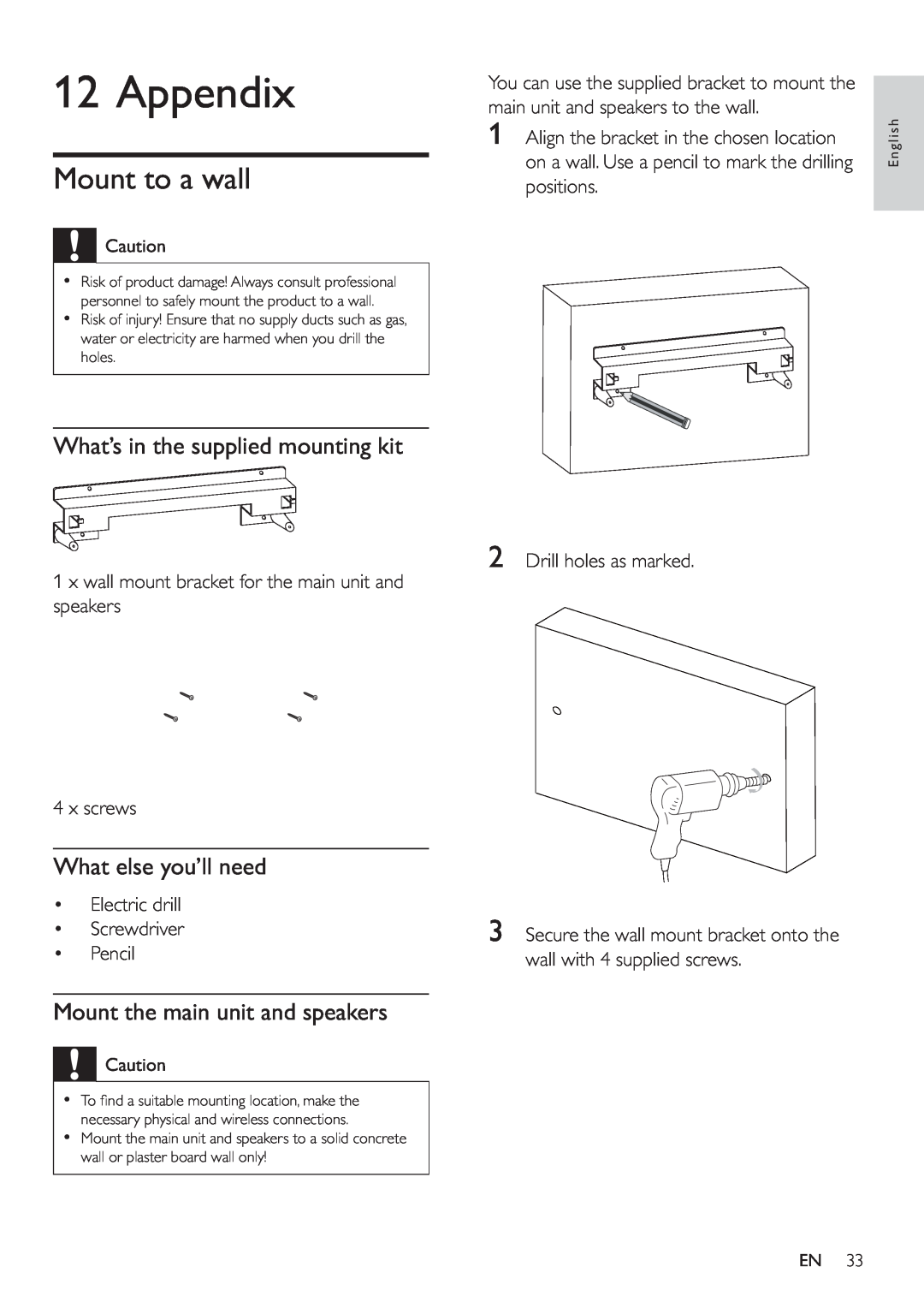 Philips HSB2351/51 user manual Appendix, Mount to a wall, What’s in the supplied mounting kit, What else you’ll need 